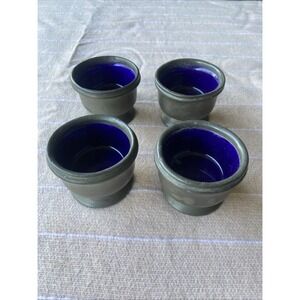 Antique James Dixon Sons Sheffield Pewter Master Salt W/cobalt Blue Glass Liner